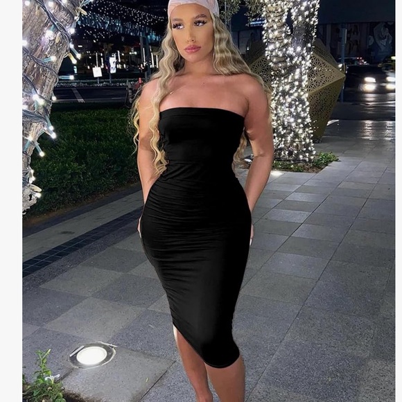 Black Gothic fitted tight sheath midi dress bodycon sexy strapless club  cocktail